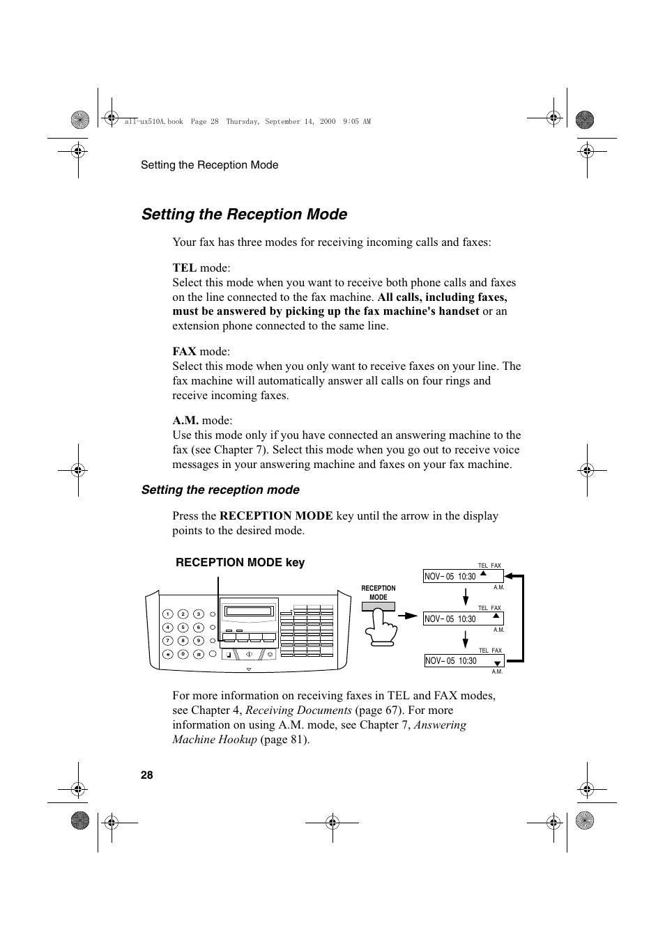 Setting the reception mode, Reception mode key, Setting the reception mode 28 | Sharp FO-1470 User Manual | Page 30 / 150