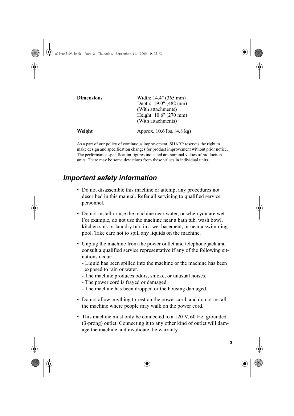 Important safety information | Sharp FO-1470 User Manual | Page 5 / 150