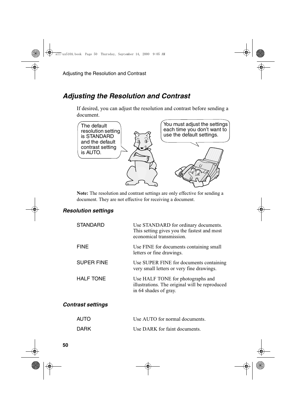 Adjusting the resolution and contrast | Sharp FO-1470 User Manual | Page 52 / 150