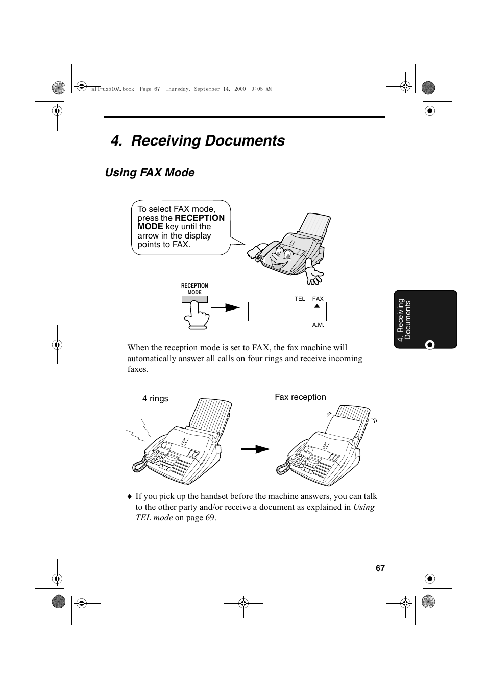 Receiving documents, Using fax mode | Sharp FO-1470 User Manual | Page 69 / 150