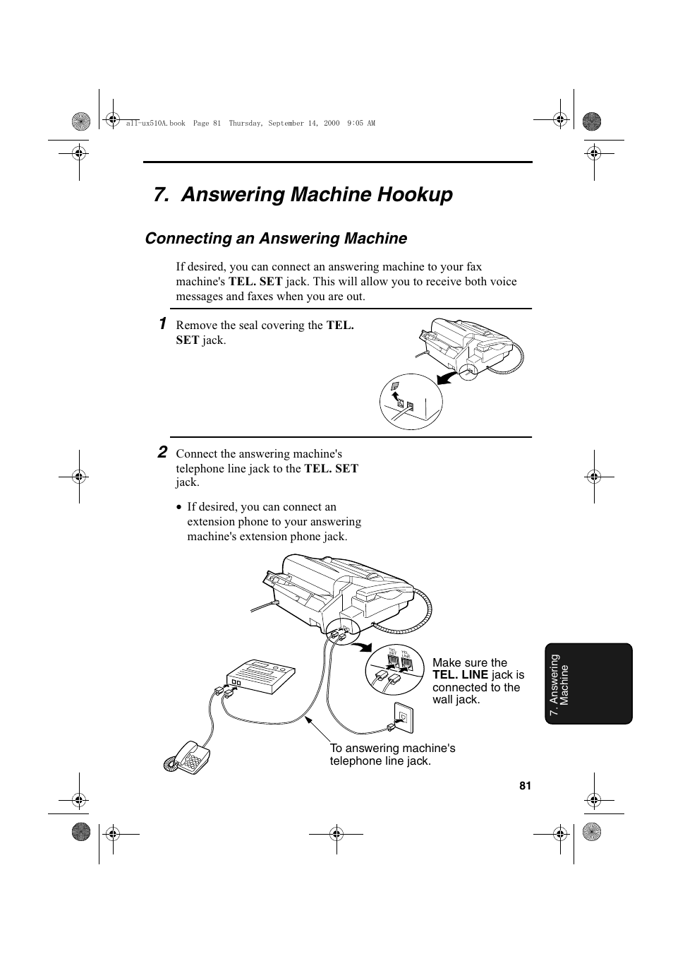 Answering machine hookup, Connecting an answering machine | Sharp FO-1470 User Manual | Page 83 / 150