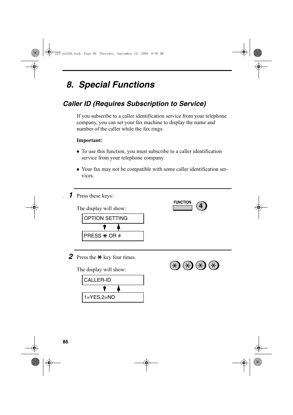 Special functions, Caller id (requires subscription to service) | Sharp FO-1470 User Manual | Page 88 / 150