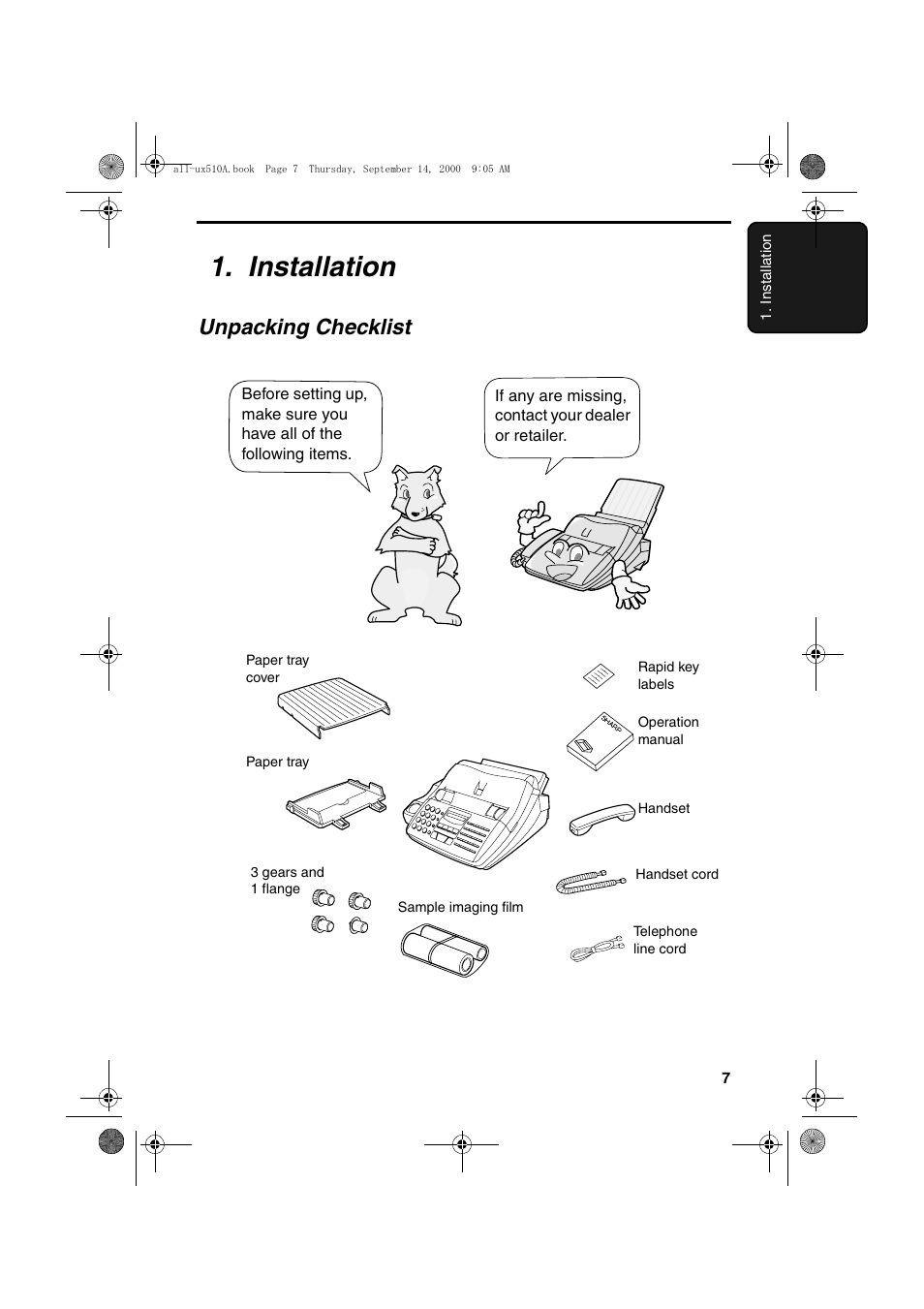 Installation, Unpacking checklist | Sharp FO-1470 User Manual | Page 9 / 150