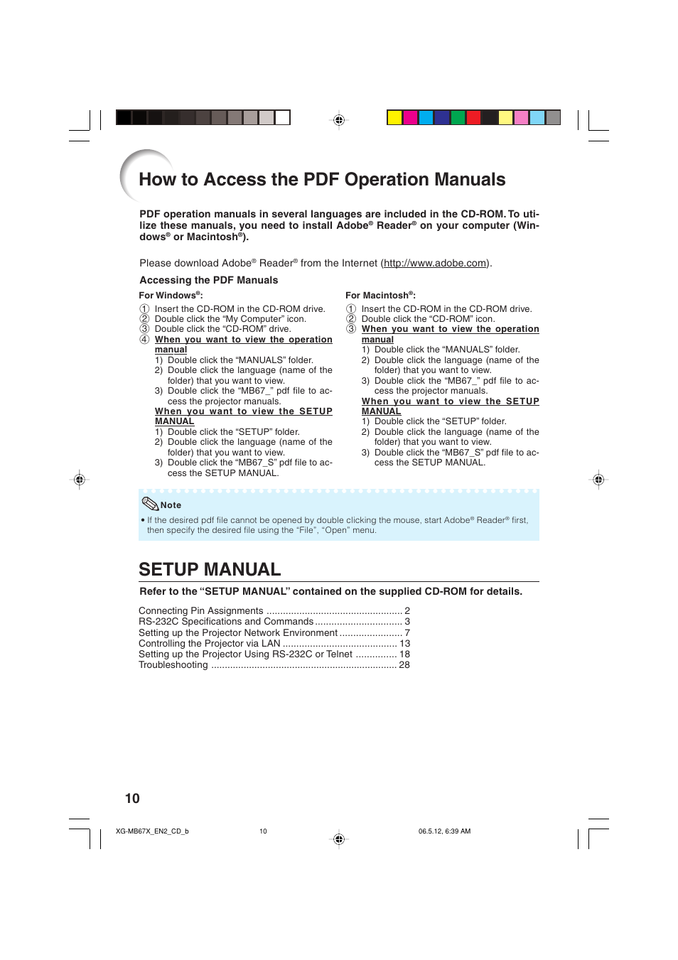 How to access the pdf operation manuals, How to access the pdf operation, Manuals | Setup manual | Sharp XG-MB67X User Manual | Page 14 / 69