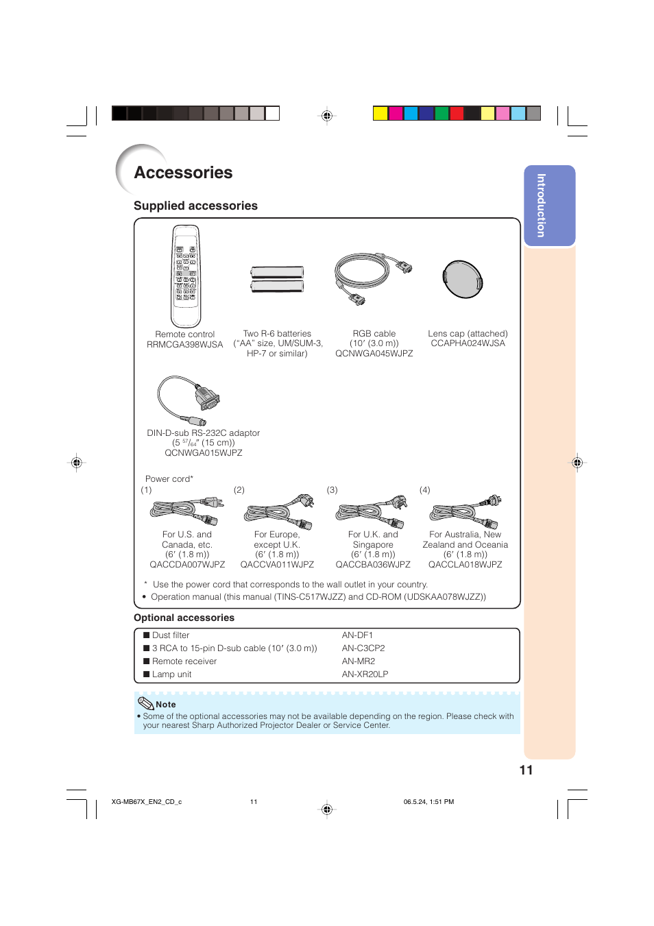 Accessories, Supplied accessories, Intr oduction | Sharp XG-MB67X User Manual | Page 15 / 69