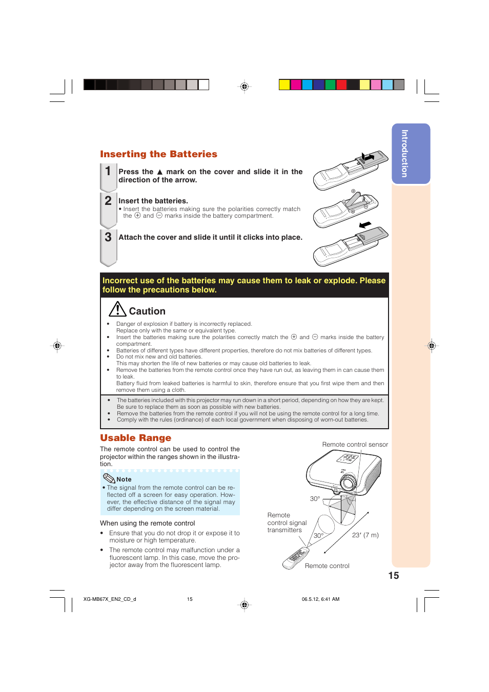 Inserting the batteries, Usable range, Inserting the batteries usable range | Caution | Sharp XG-MB67X User Manual | Page 19 / 69