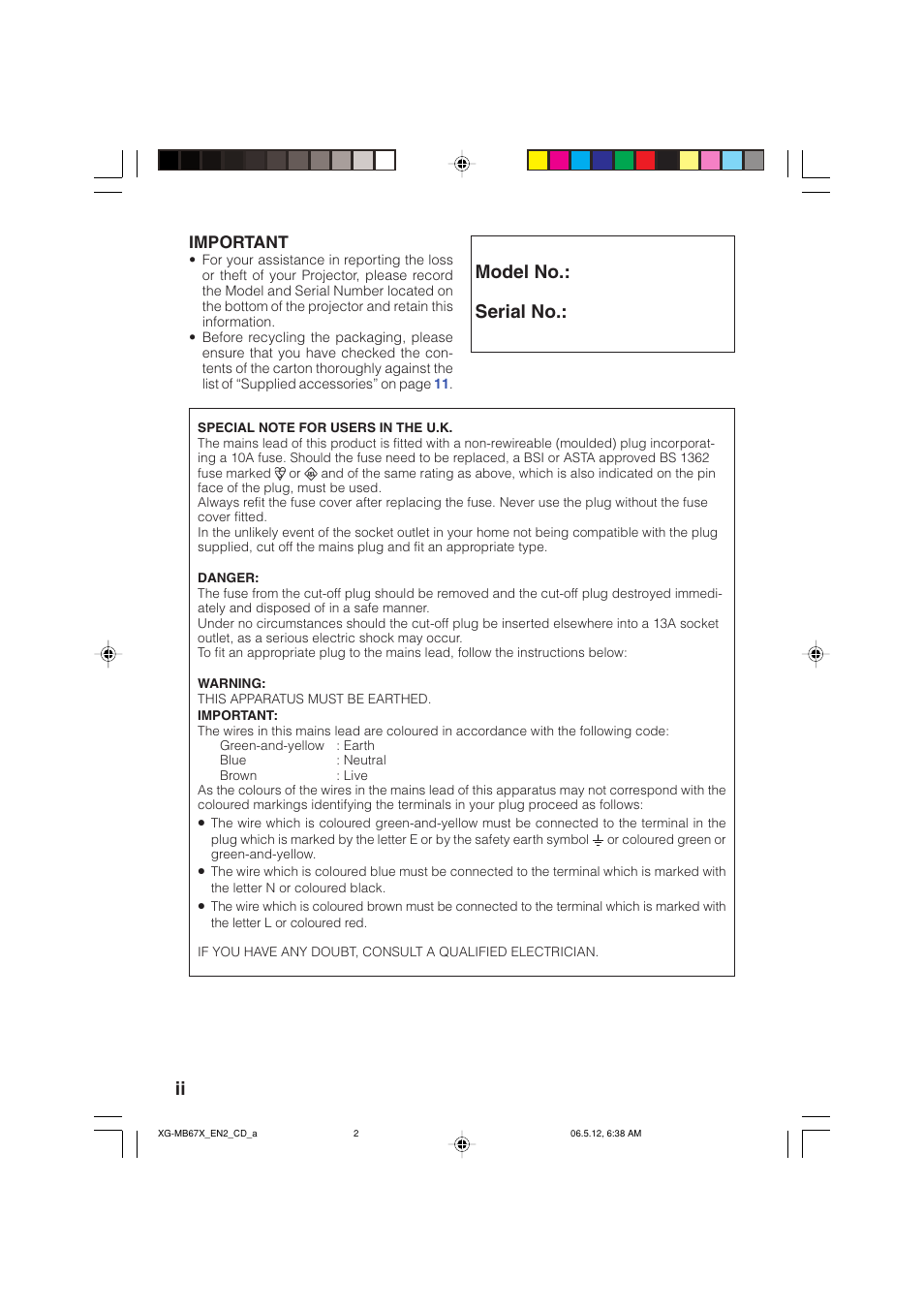 Model no.: serial no | Sharp XG-MB67X User Manual | Page 2 / 69