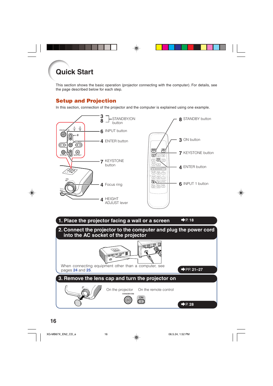 Quick start, Quic, K star | Setup and projection | Sharp XG-MB67X User Manual | Page 20 / 69