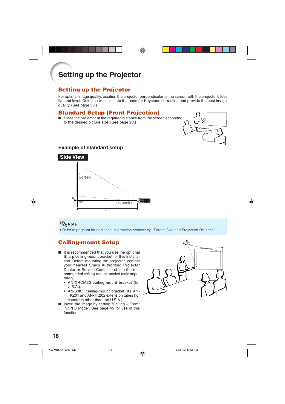 Setup, Setting up the projector, Standard setup (front projection) | Ceiling-mount setup, Side view | Sharp XG-MB67X User Manual | Page 22 / 69