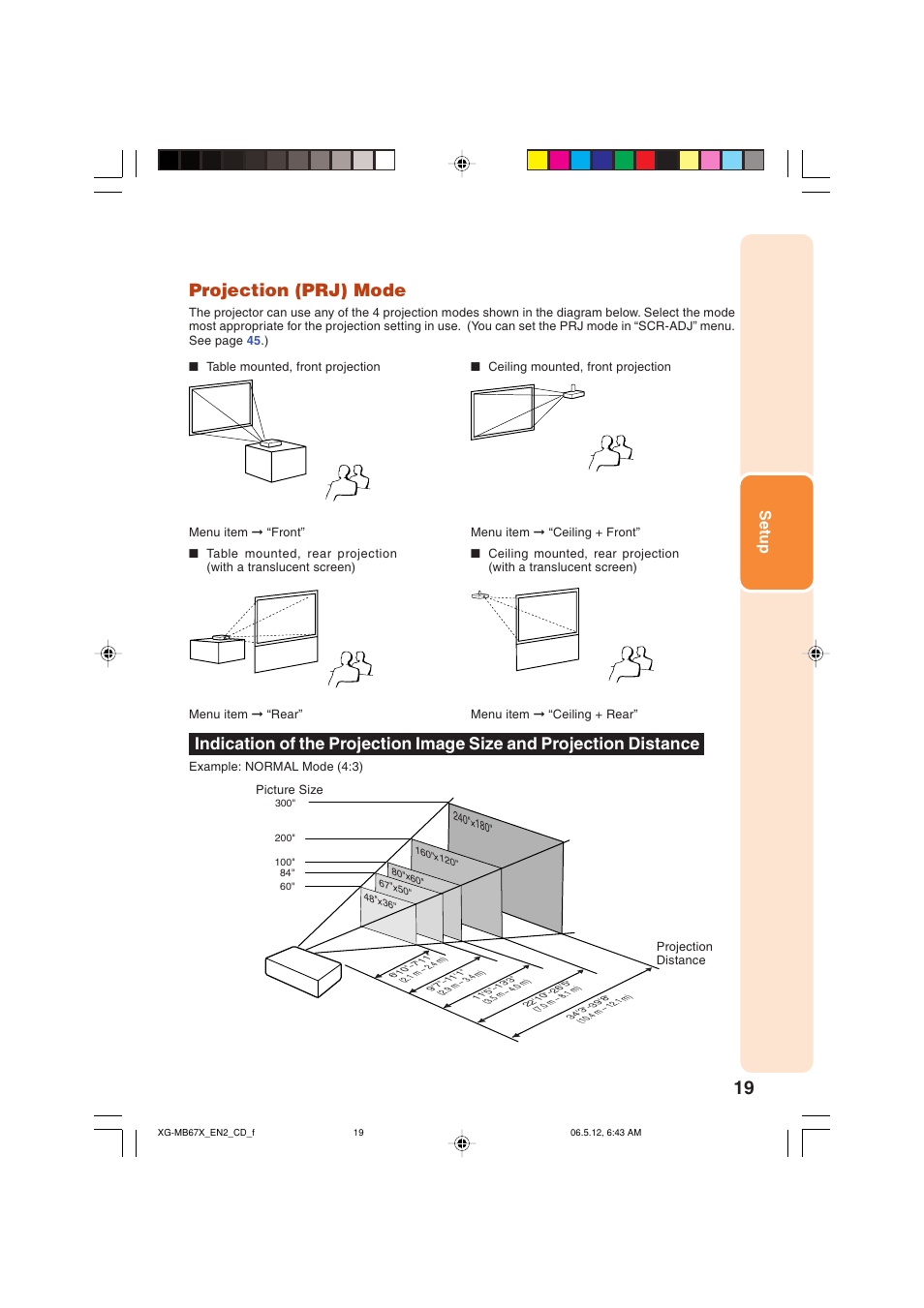 Projection (prj) mode, Setup | Sharp XG-MB67X User Manual | Page 23 / 69