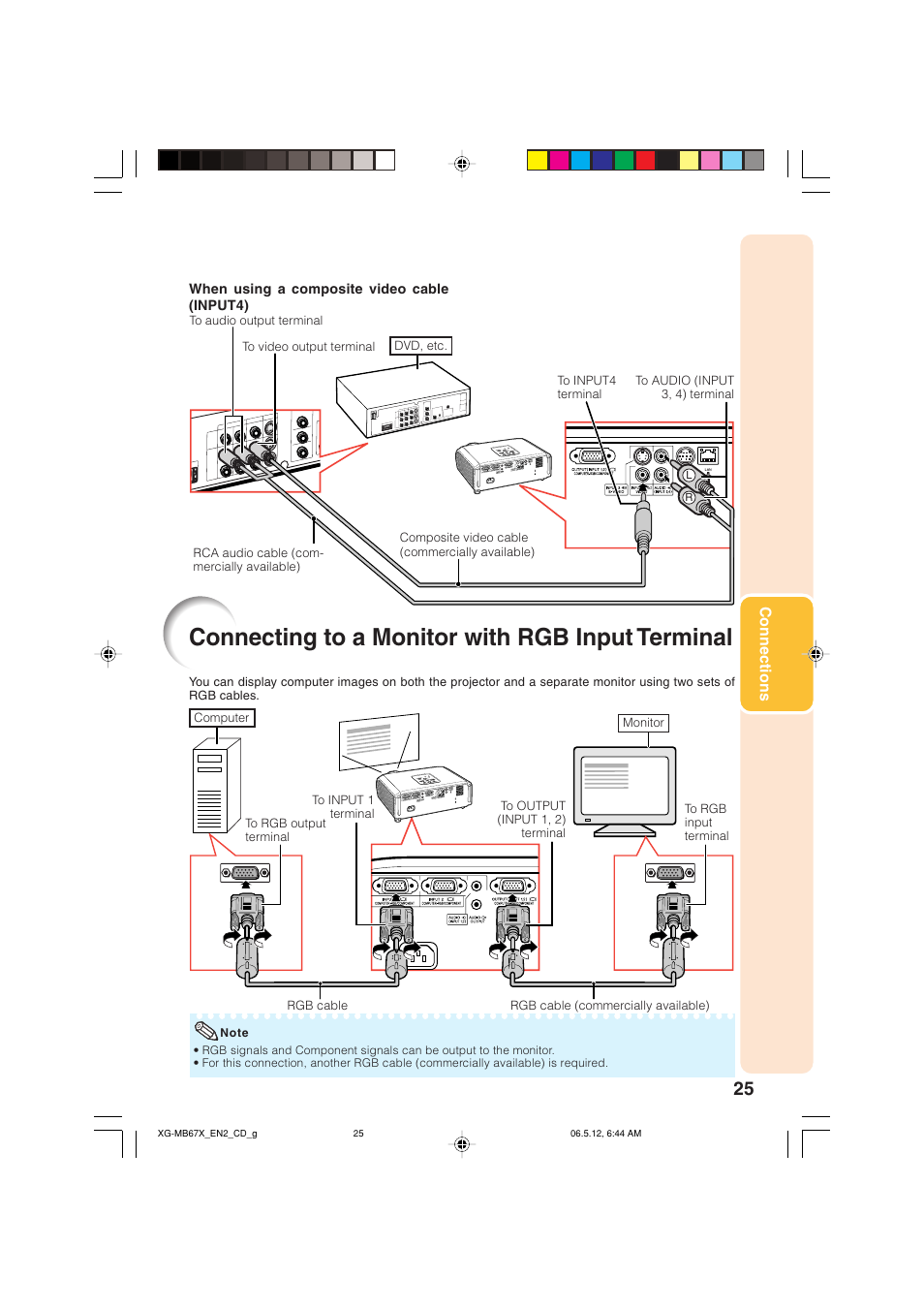 Connecting to a monitor with rgb input terminal, Connecting to a monitor with rgb input, Terminal | Connections | Sharp XG-MB67X User Manual | Page 29 / 69