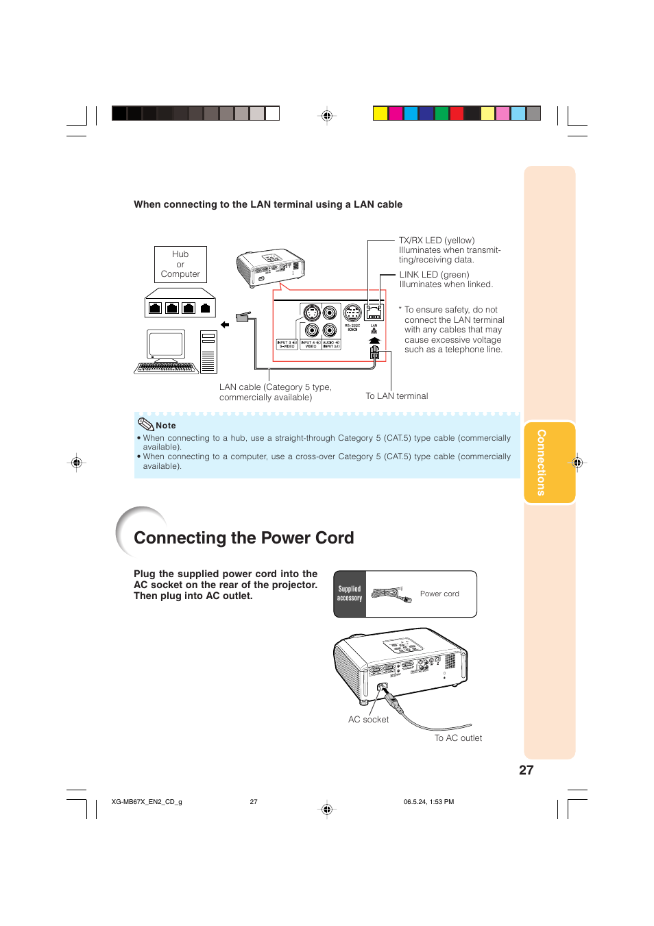 Connecting the power cord | Sharp XG-MB67X User Manual | Page 31 / 69