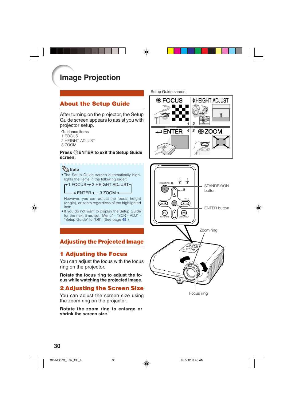 Image projection, About the setup guide, Adjusting the projected image | 1 adjusting the focus | Sharp XG-MB67X User Manual | Page 34 / 69