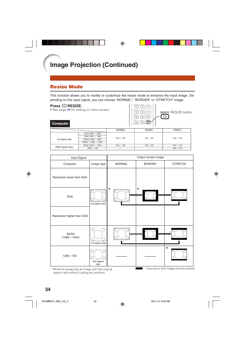 Resize mode, Image projection (continued), Press h resize | Computer | Sharp XG-MB67X User Manual | Page 38 / 69