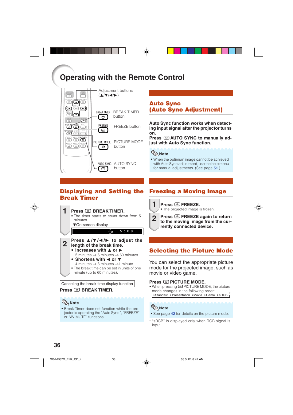 Useful features, Operating with the remote control, Displaying and setting the break timer | Auto sync (auto sync adjustment), Freezing a moving image, Selecting the picture mode, Useful, Features | Sharp XG-MB67X User Manual | Page 40 / 69