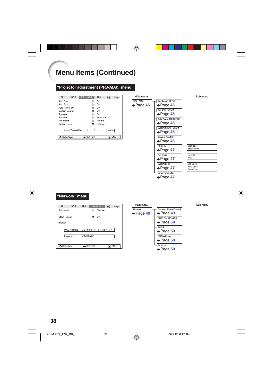 Menu items (continued) | Sharp XG-MB67X User Manual | Page 42 / 69