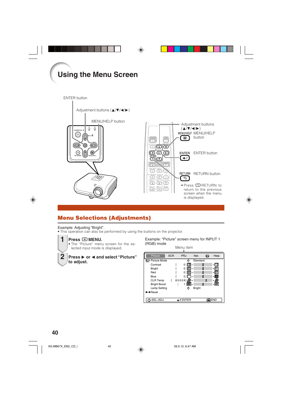Using the menu screen, Menu selections (adjustments) | Sharp XG-MB67X User Manual | Page 44 / 69