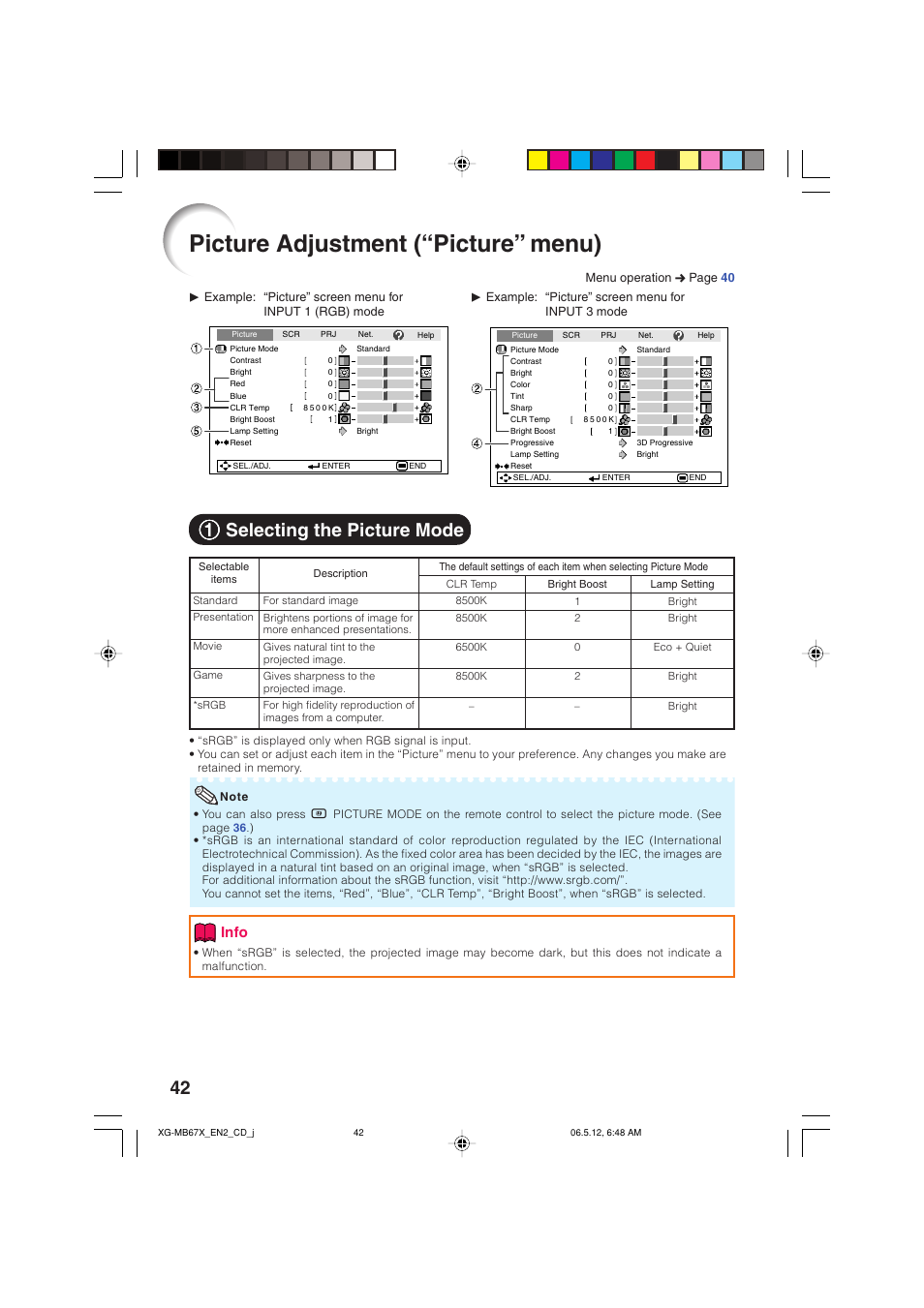 Picture adjustment ("picture" menu), Selecting the picture mode, Picture adjustment (“picture” menu) | For details on the pictur, 11 selecting the picture mode, Info | Sharp XG-MB67X User Manual | Page 46 / 69