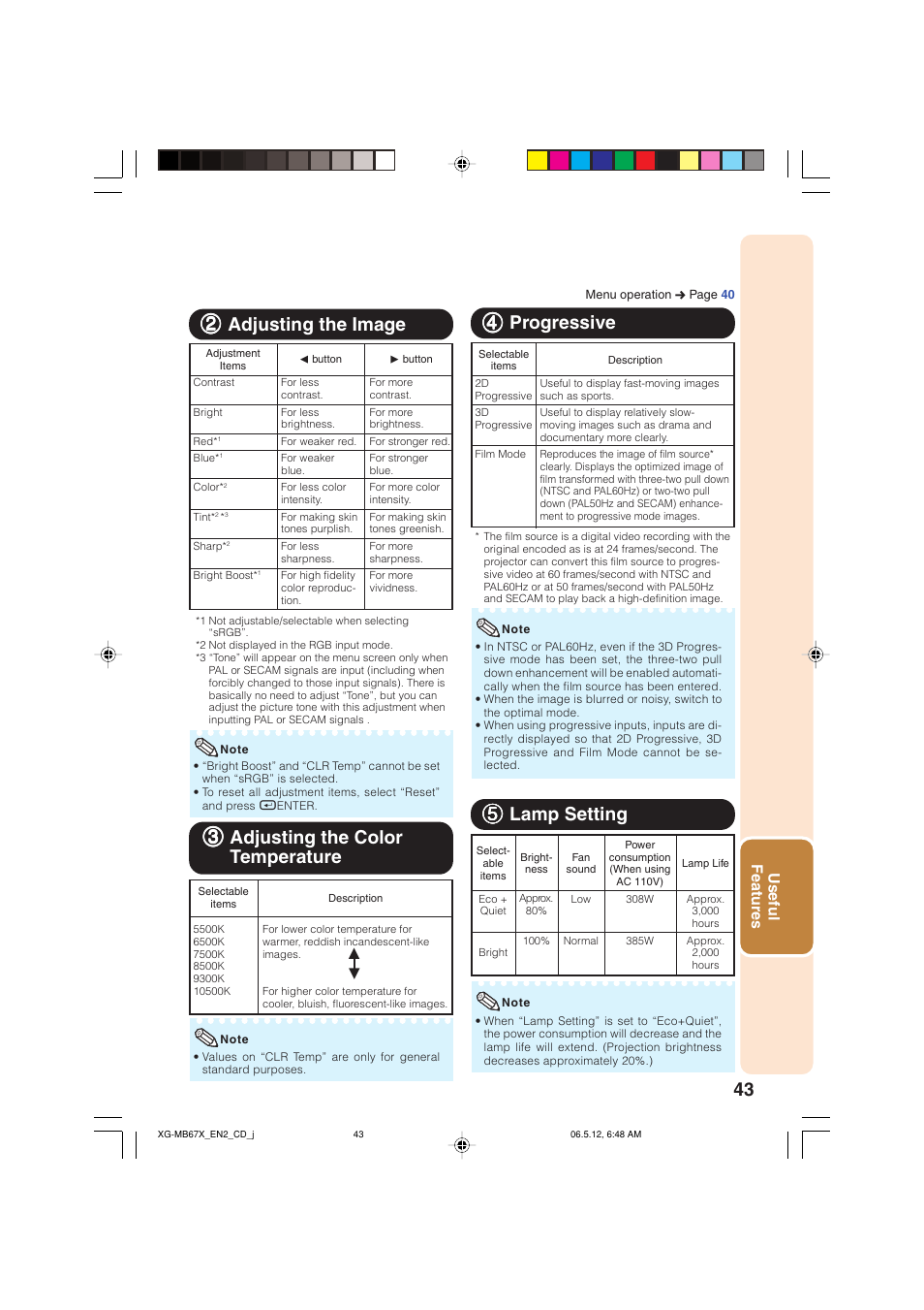 Adjusting the image, Adjusting the color temperature, Progressive | Lamp setting, 44 progressive, 55 lamp setting, 22 adjusting the image, 33 adjusting the color temperature, Useful features | Sharp XG-MB67X User Manual | Page 47 / 69