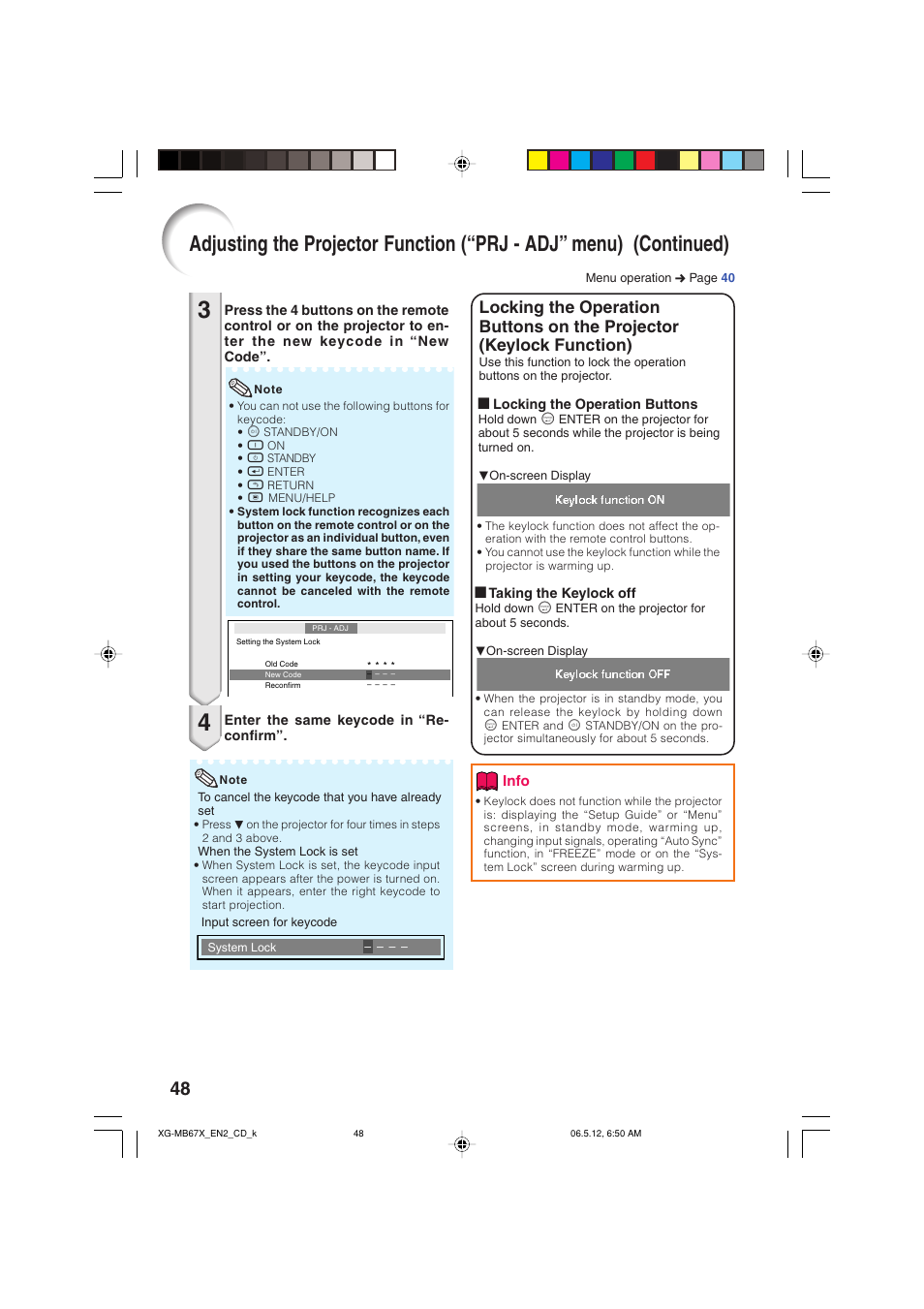 Locking the operation buttons on the, Projector (keylock function) | Sharp XG-MB67X User Manual | Page 52 / 69