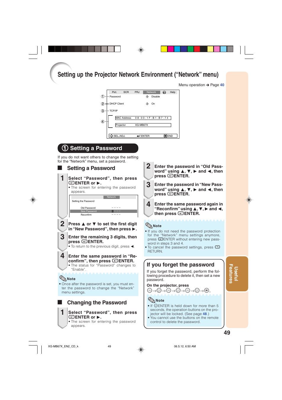 Setting a password, Setting up the projector network, Environment (“network” menu) | 11 setting a password, If you forget the password, Asetting a password a changing the password | Sharp XG-MB67X User Manual | Page 53 / 69