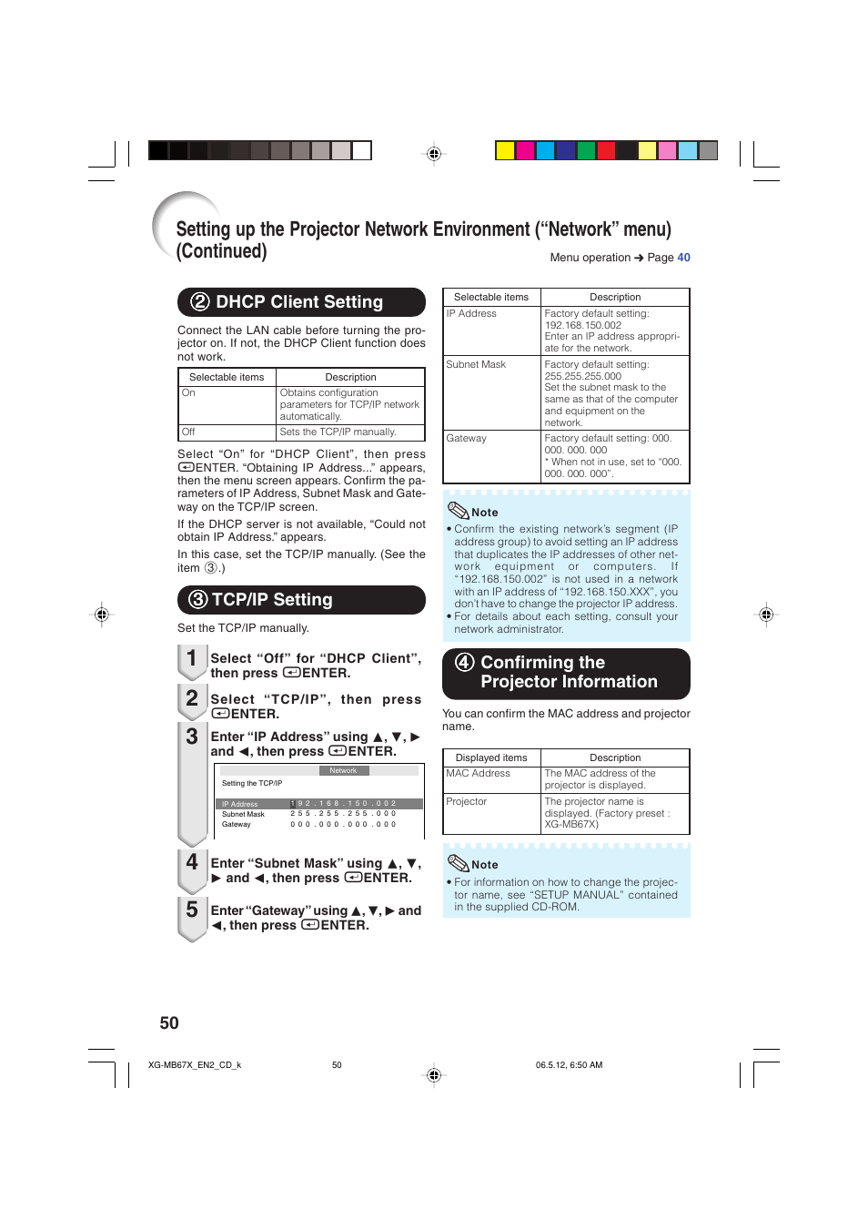 Dhcp client setting, Tcp/ip setting, Confirming the projector information | 22 dhcp client setting | Sharp XG-MB67X User Manual | Page 54 / 69