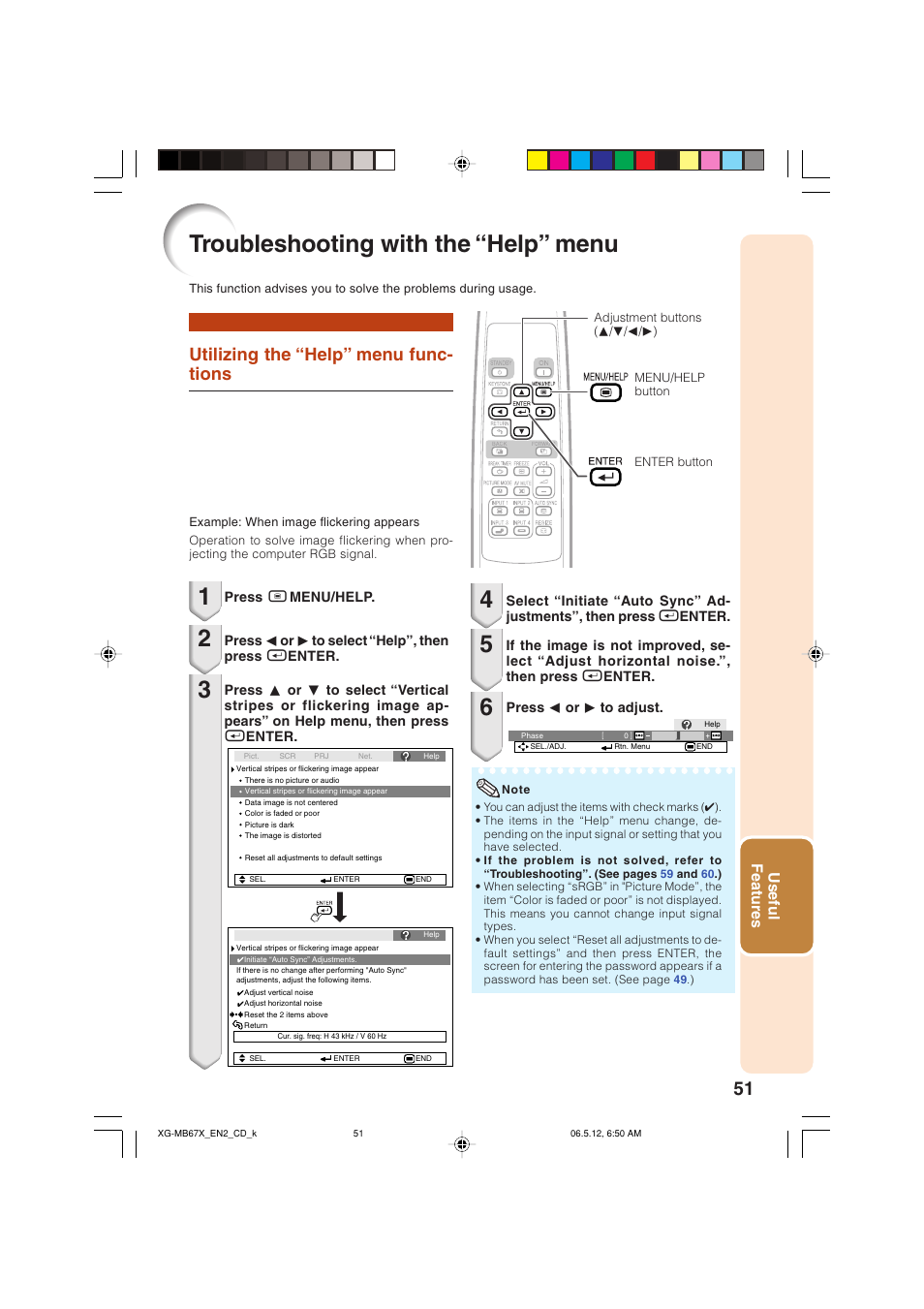 Troubleshooting with the "help" menu, Utilizing the ﾒhelpﾓ menu functions, Troubleshooting with the “help” menu | Utilizing the “help” menu functions, Utilizing the “help” menu func- tions, Useful features | Sharp XG-MB67X User Manual | Page 55 / 69