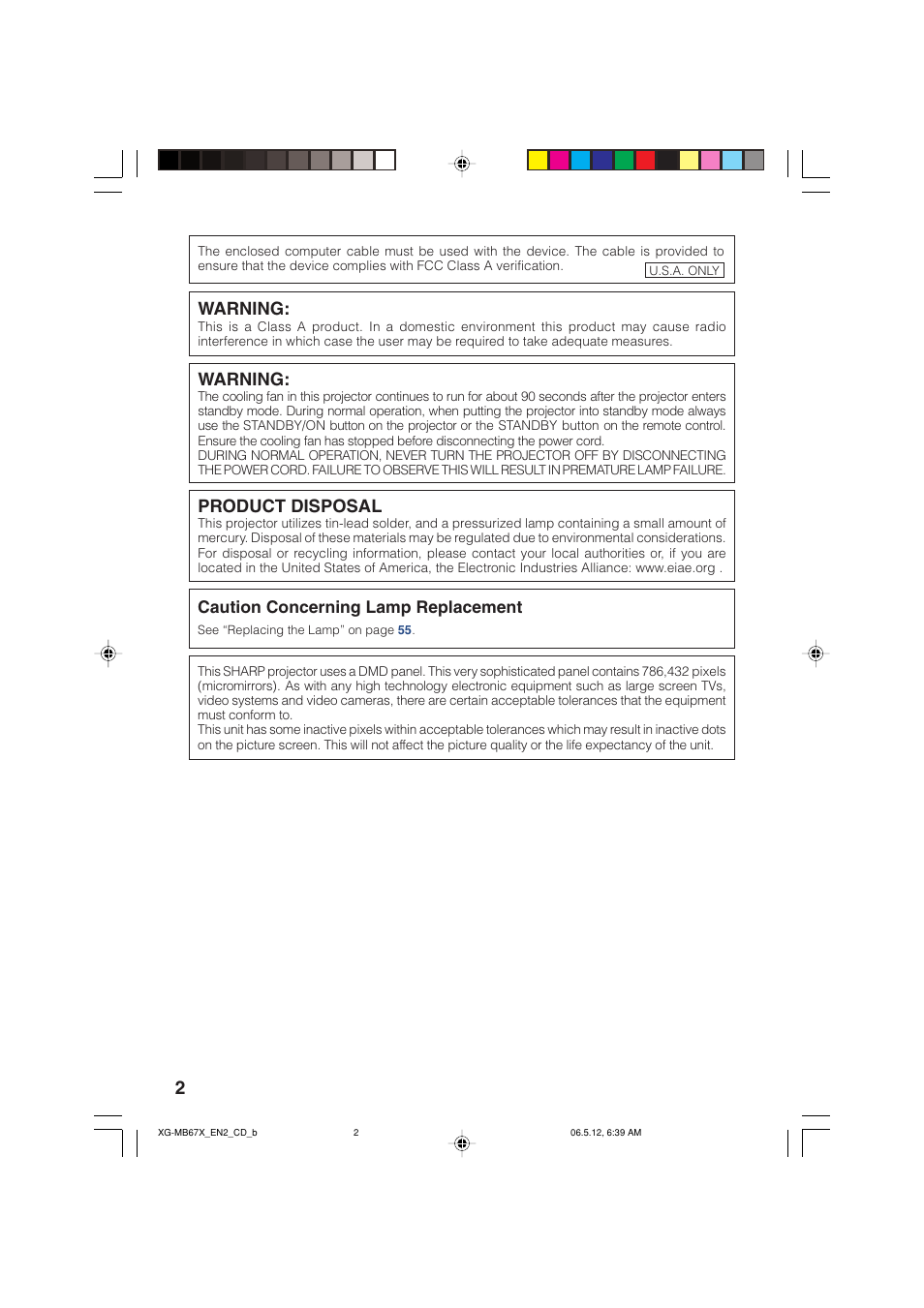 Product disposal, Warning, Caution concerning lamp replacement | Sharp XG-MB67X User Manual | Page 6 / 69