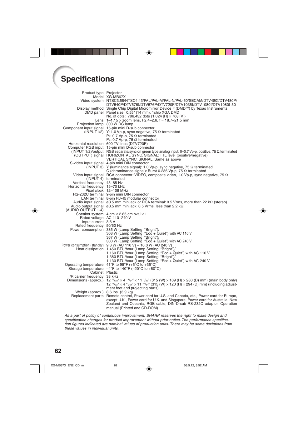 Specifications | Sharp XG-MB67X User Manual | Page 66 / 69