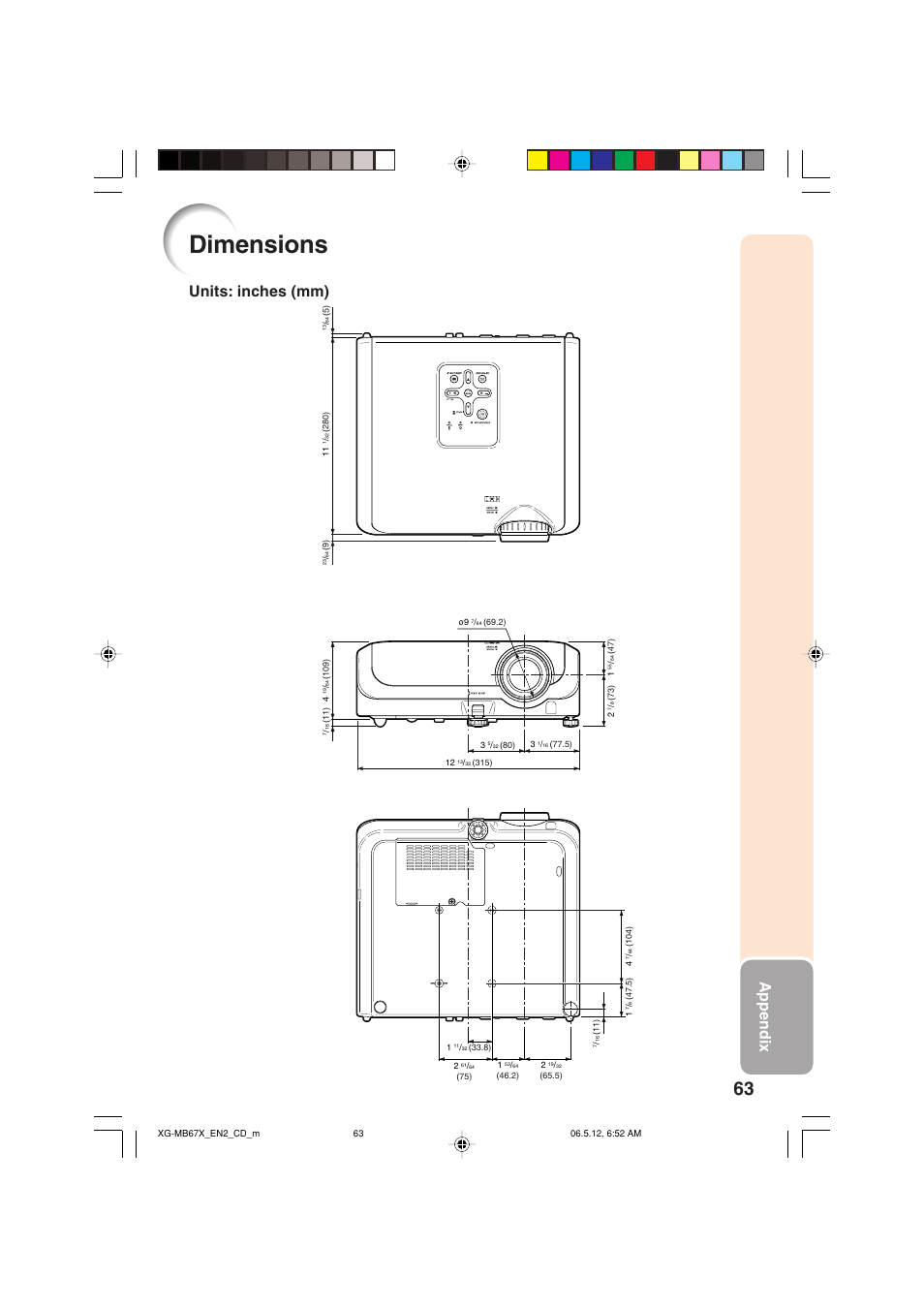 Dimensions, Appendix, Units: inches (mm) | Sharp XG-MB67X User Manual | Page 67 / 69