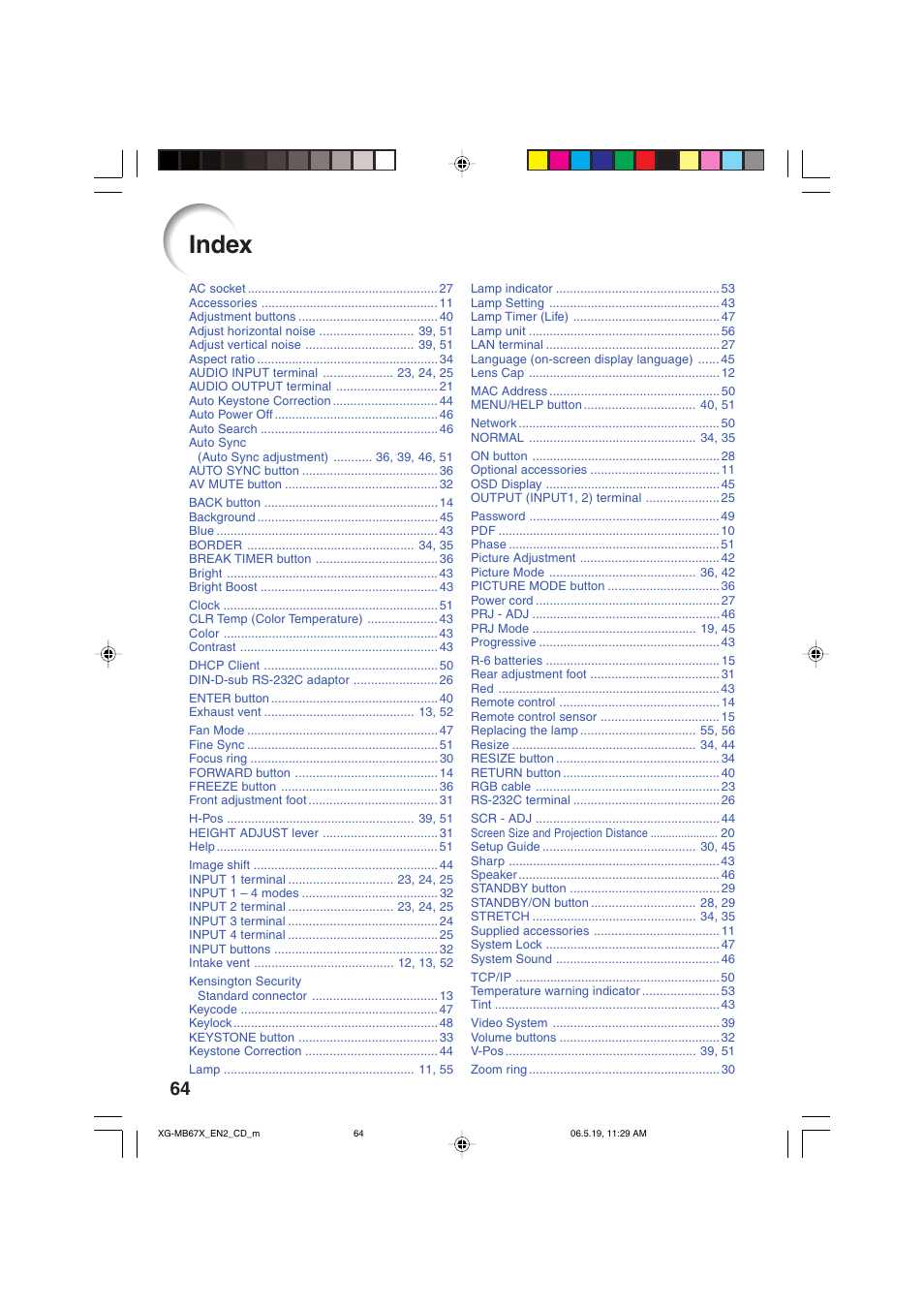 Index | Sharp XG-MB67X User Manual | Page 68 / 69