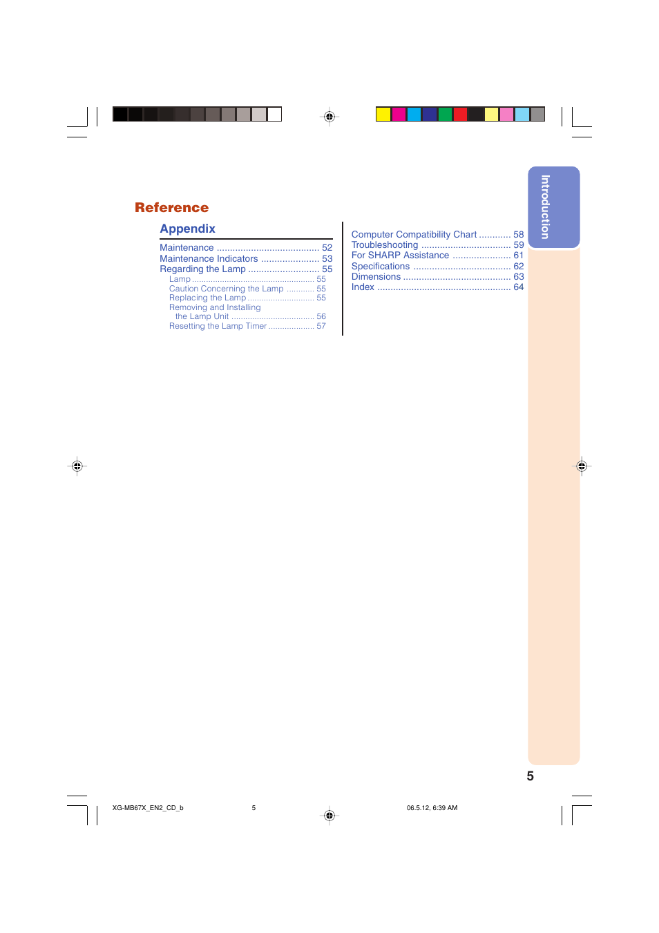 Reference, Appendix | Sharp XG-MB67X User Manual | Page 9 / 69