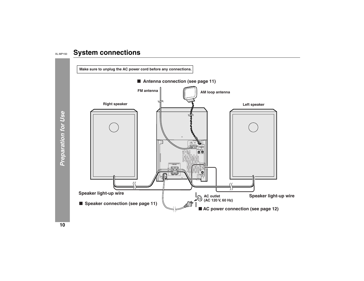 System connections, Preparation for use, Speakers light-up left right | Speaker connection (see page 11) | Sharp XL-MP150 User Manual | Page 10 / 42