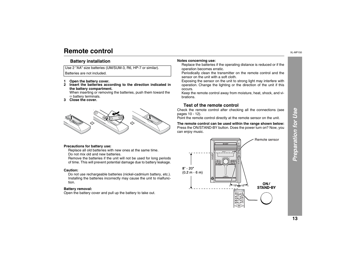 Remote control, Preparation for use, X-bass (surround) /demo | Sharp XL-MP150 User Manual | Page 13 / 42