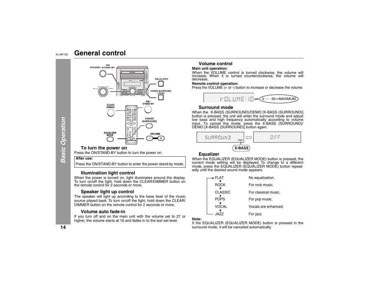 General control, Basic operation | Sharp XL-MP150 User Manual | Page 14 / 42