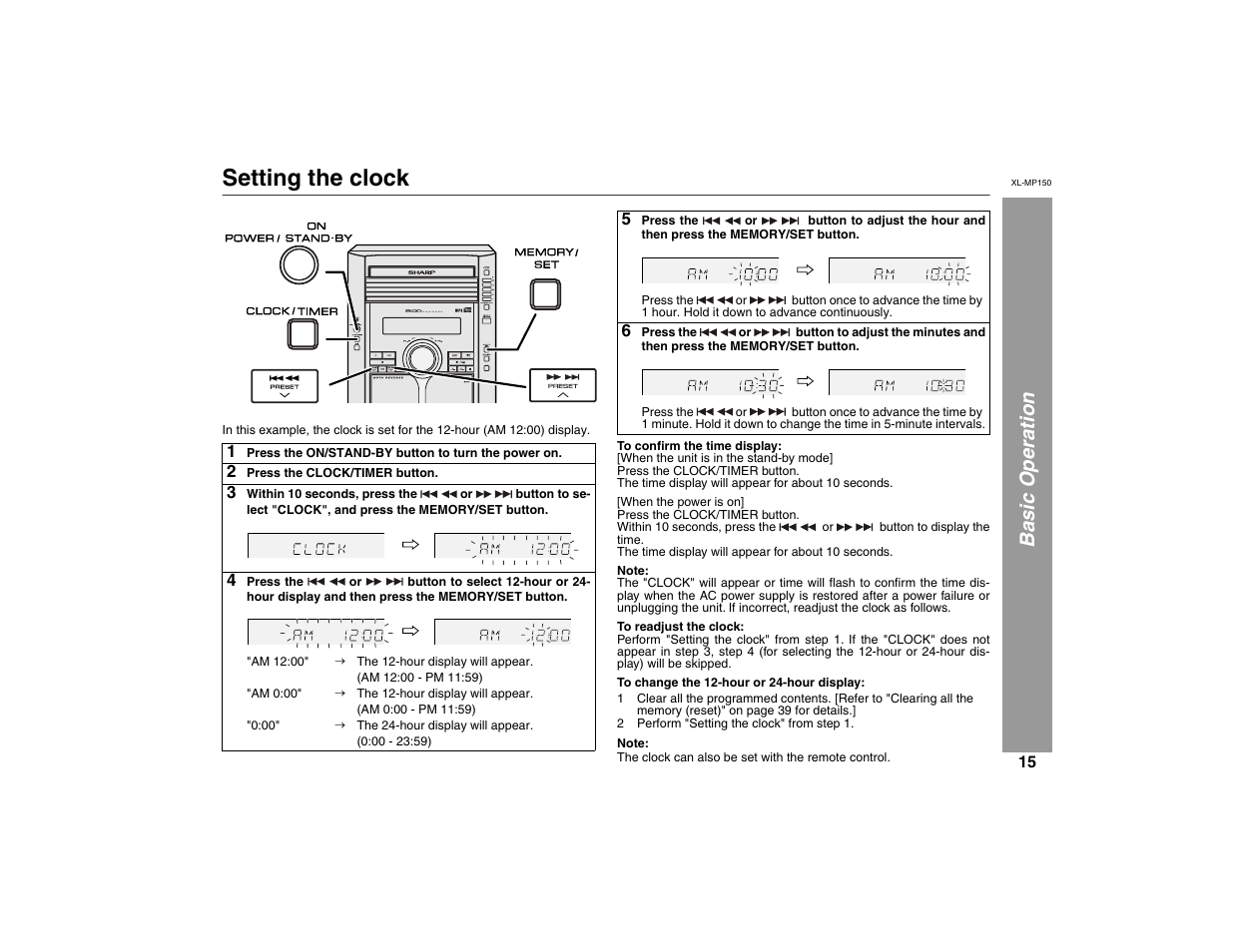 Setting the clock, Basic operation, X-bass (surround) /demo | Sharp XL-MP150 User Manual | Page 15 / 42