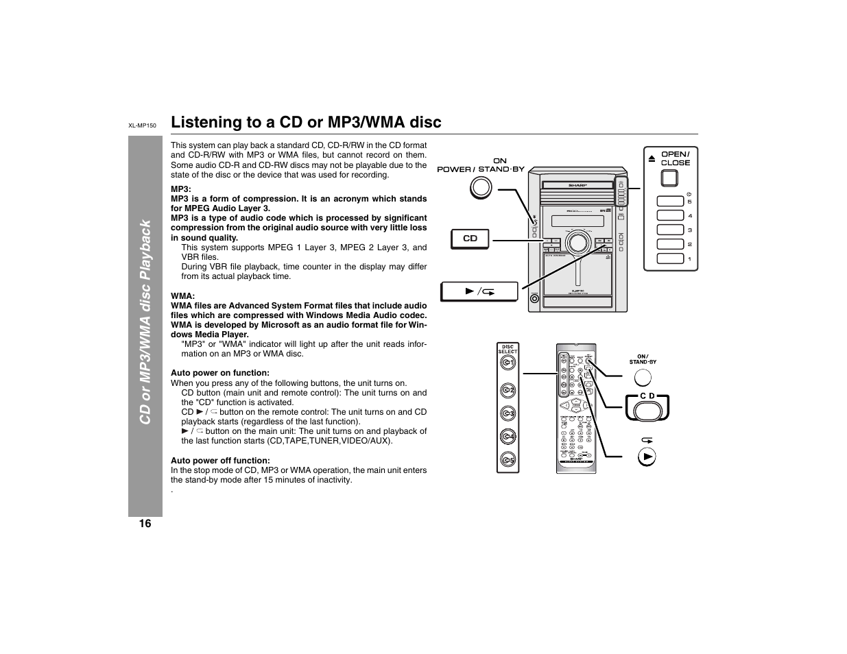 Listening to a cd or mp3/wma disc, Cd or mp3/wma disc playback, X-bass (surround) /demo | Sharp XL-MP150 User Manual | Page 16 / 42