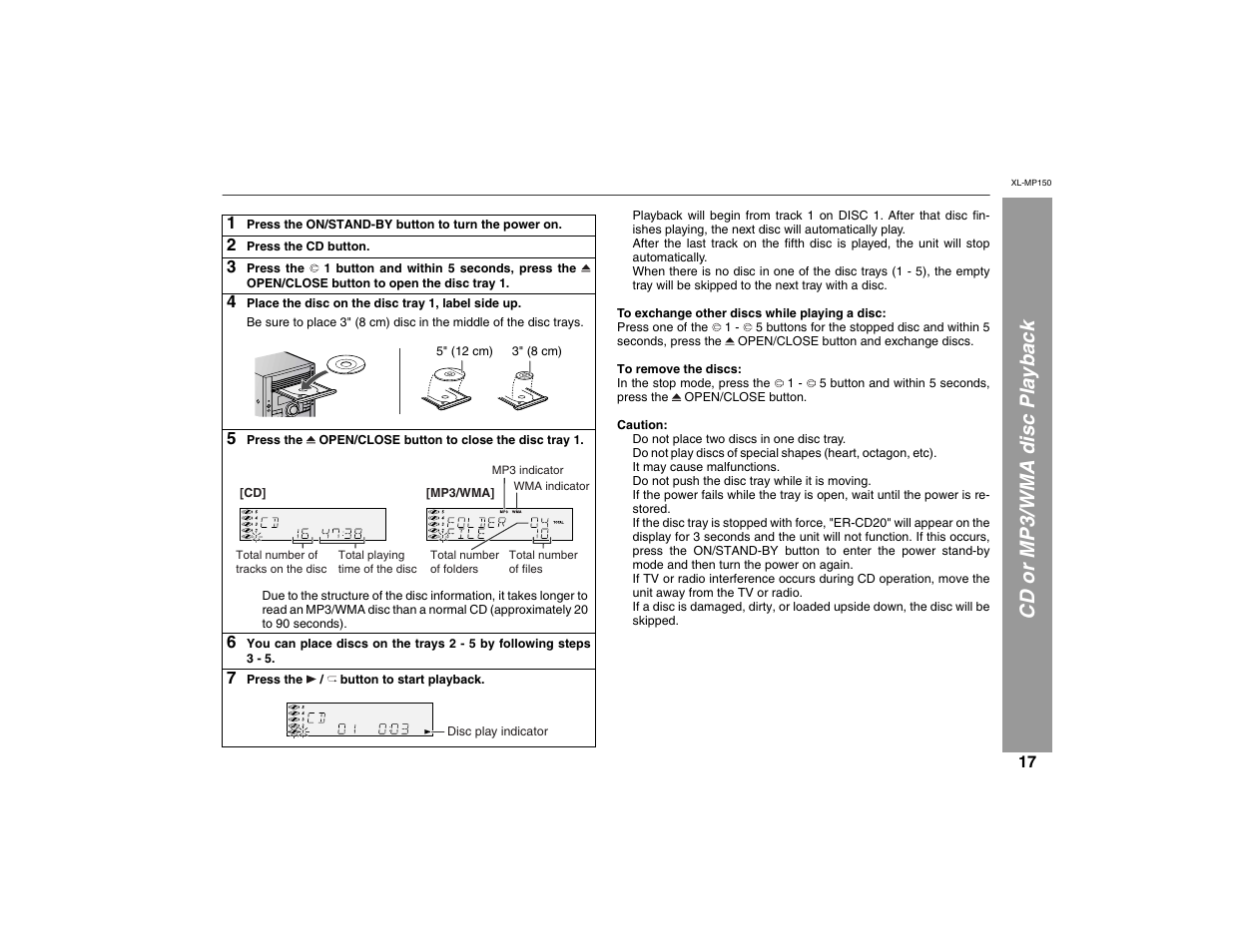 Cd or mp3/wma disc playback | Sharp XL-MP150 User Manual | Page 17 / 42