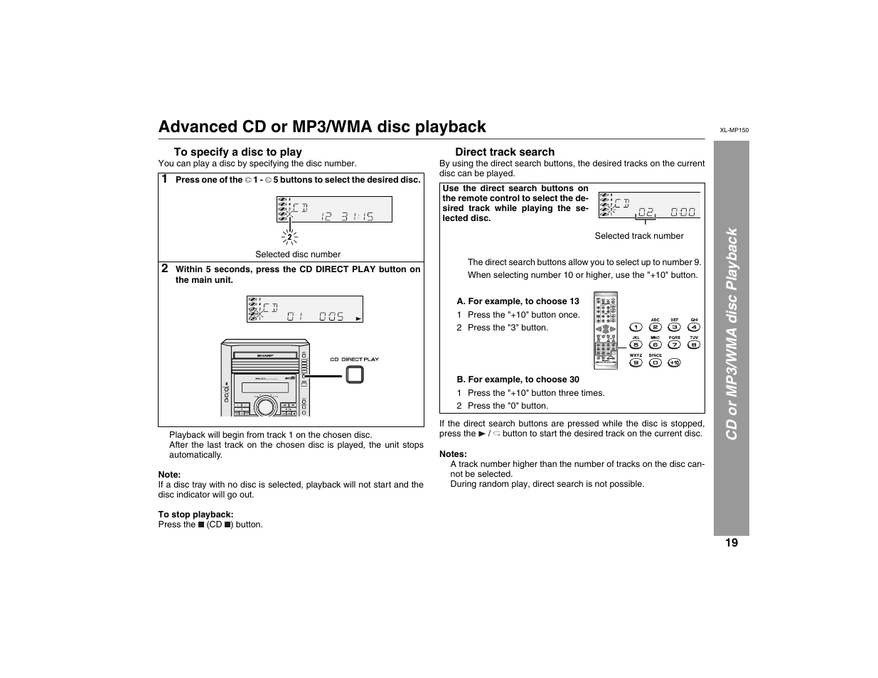 Advanced cd or mp3/wma disc playback, Cd or mp3/wma disc playback, X-bass (surround) /demo | Sharp XL-MP150 User Manual | Page 19 / 42