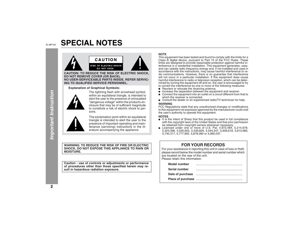 Important instruction, For your records | Sharp XL-MP150 User Manual | Page 2 / 42