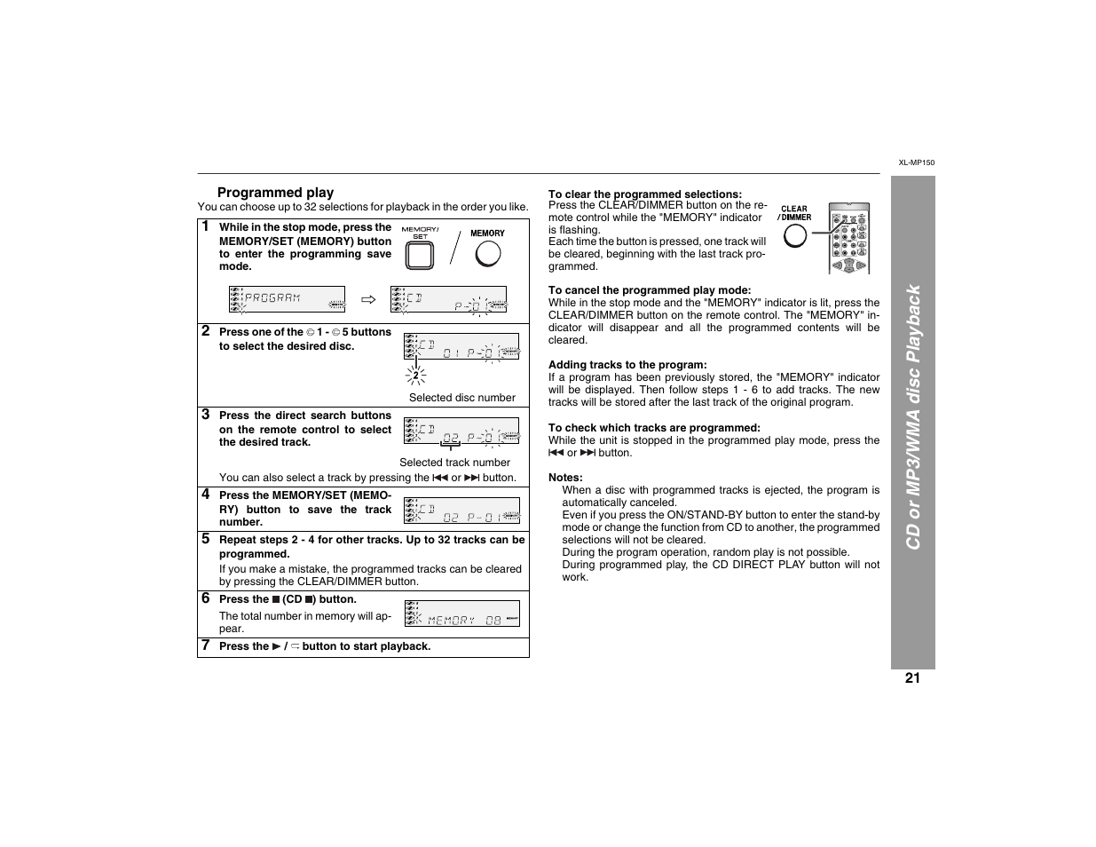 Cd or mp3/wma disc playback | Sharp XL-MP150 User Manual | Page 21 / 42