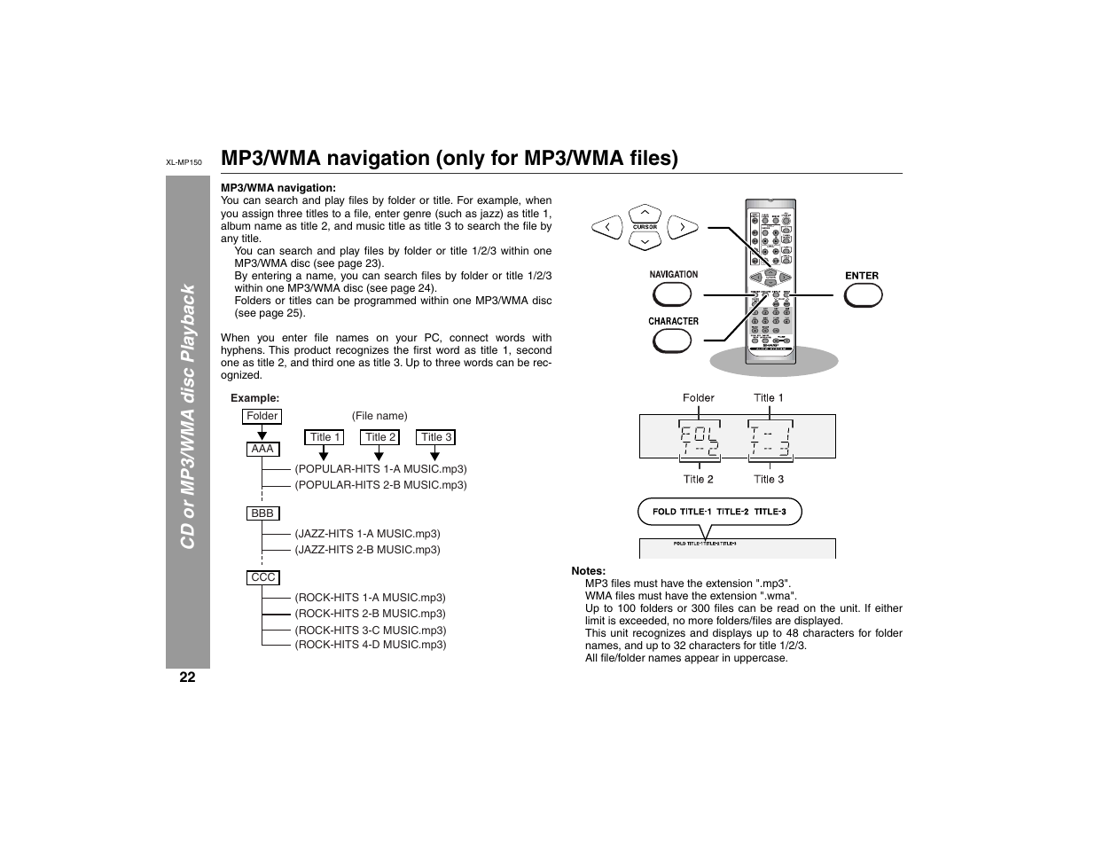 Mp3/wma navigation (only for mp3/wma ﬁles), Cd or mp3/wma disc playback | Sharp XL-MP150 User Manual | Page 22 / 42