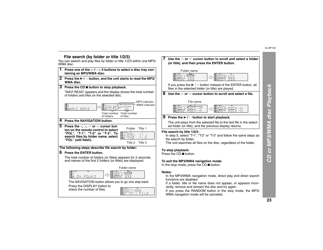 Cd or mp3/wma disc playback | Sharp XL-MP150 User Manual | Page 23 / 42