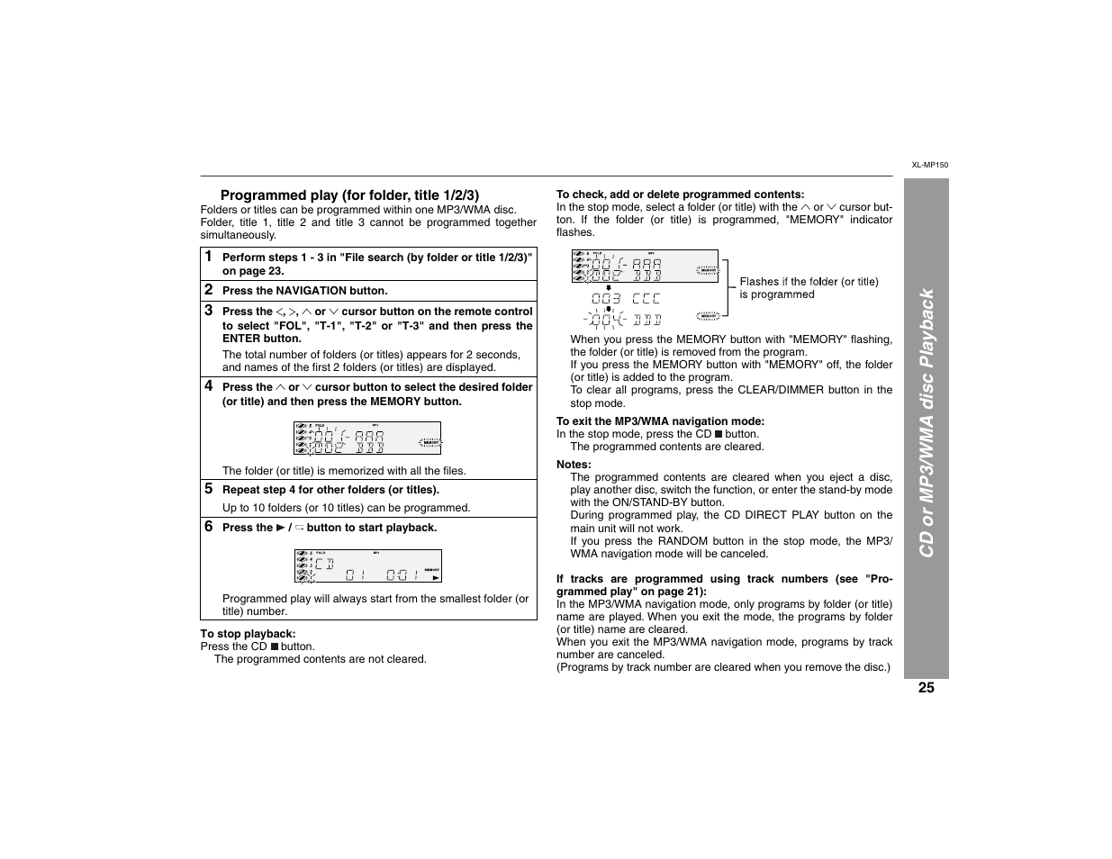 Cd or mp3/wma disc playback | Sharp XL-MP150 User Manual | Page 25 / 42