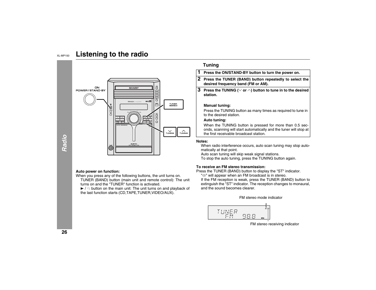 Listening to the radio, Radio, X-bass (surround) /demo | Sharp XL-MP150 User Manual | Page 26 / 42