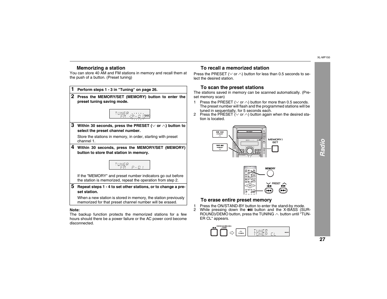 Radio, Cd power, X-bass (surround) /demo | Sharp XL-MP150 User Manual | Page 27 / 42