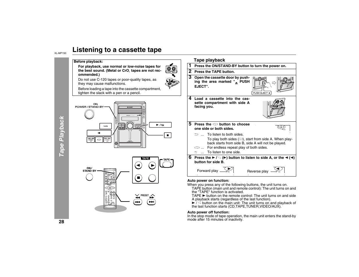 Listening to a cassette tape, Tape playback, X-bass (surround) /demo | Sharp XL-MP150 User Manual | Page 28 / 42