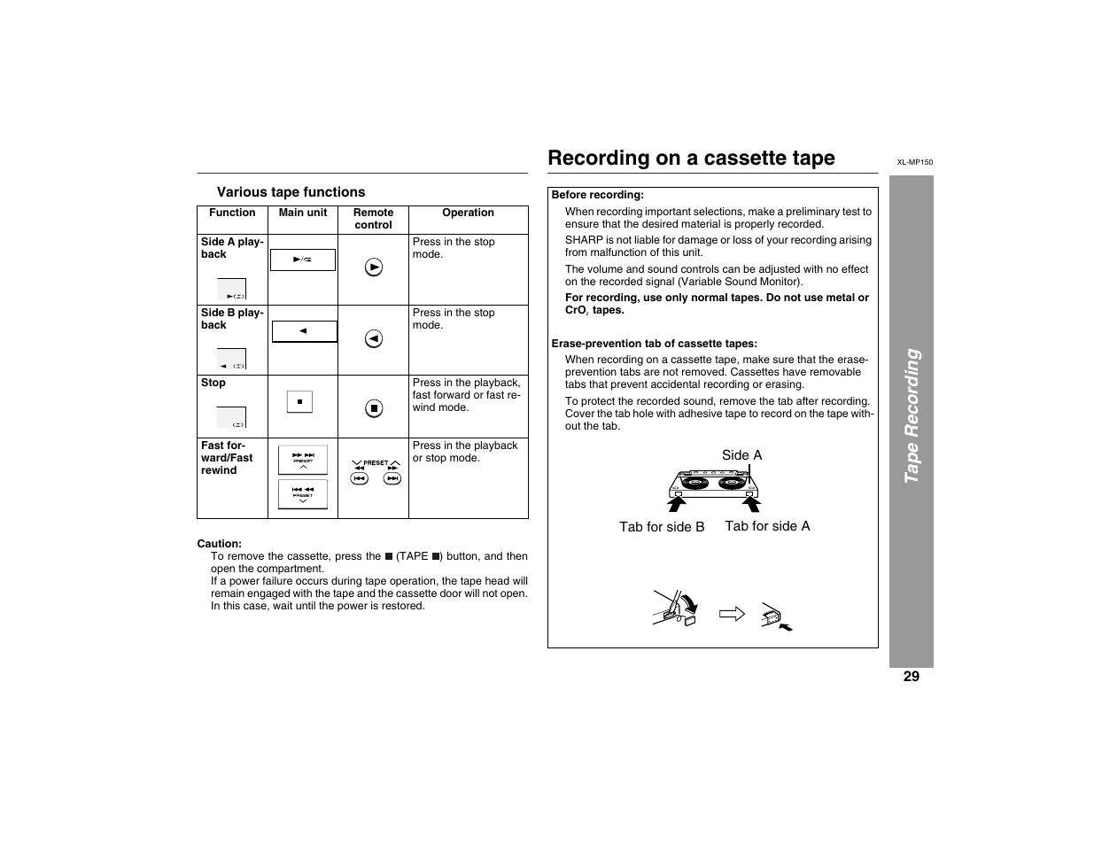 Recording on a cassette tape, Tape recording | Sharp XL-MP150 User Manual | Page 29 / 42