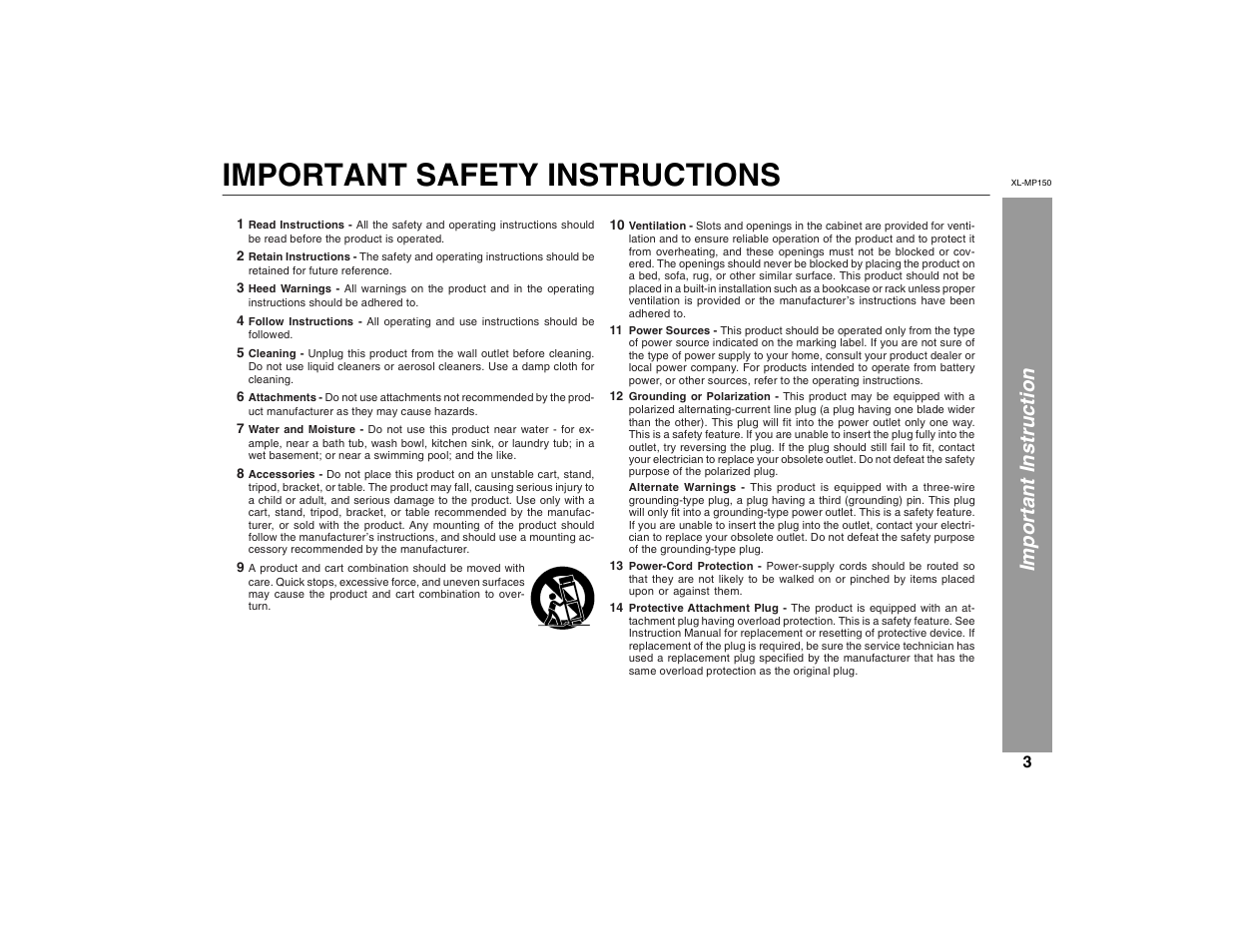 Important safety instructions, Important instruction | Sharp XL-MP150 User Manual | Page 3 / 42