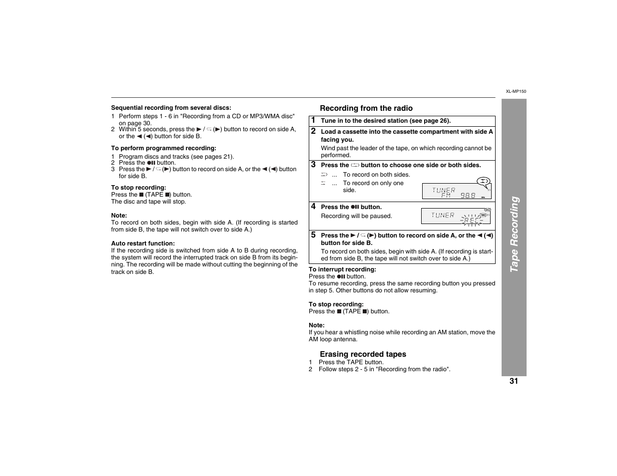 Tape recording | Sharp XL-MP150 User Manual | Page 31 / 42